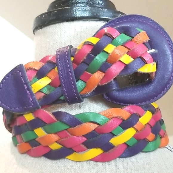 Vintage Accessories - 80's Rainbow Pink Green Purple Waist Neon BRAIDED Leather BELT EUVC 37"